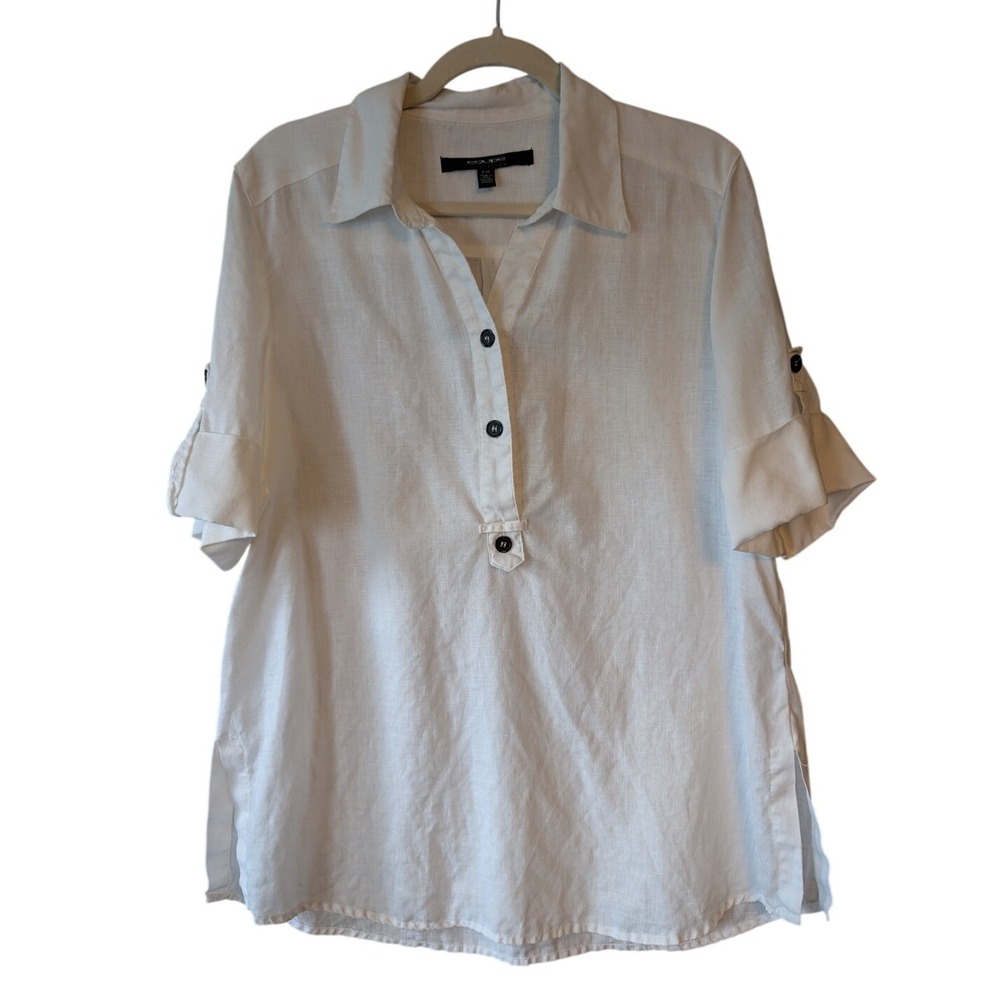 Women's Tunic Top Lg White Linen Button Up Roll Tab Lagenlook Coupe Collection